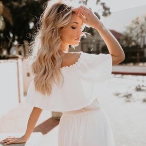Off the shoulder white sun dress.